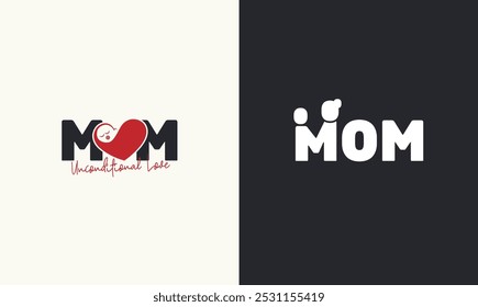 Two creative logo variations for "Mom," one featuring a heart and a baby face with the phrase "Unconditional Love," and the other with minimalist shapes forming the word "Mom."