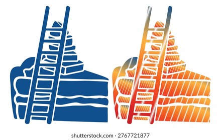 Two creative logos show a ladder leaning against a stack of blocks, blue and orange