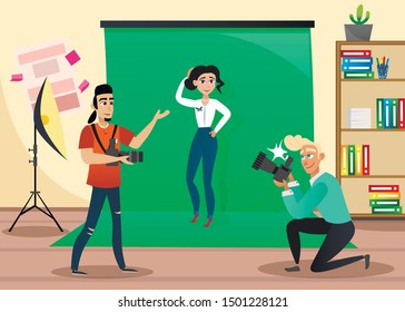 Two Creative Photographer in Photo Studio. Working with Woman Model. Design Studio. Creative Designer and Photographer. Creative Appearance. Vector Illustration. Design Project Teamwork. Flash Shot.