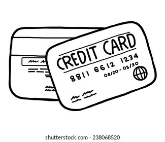 Two Credit Card / Cartoon Vector And Illustration, Black And White, Hand Drawn, Sketch Style, Isolated On White Background.