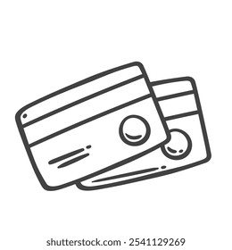 Icono de línea de dos tarjetas de crédito. Esquema de la tarjeta de plástico dibujado a mano con Código de seguridad y chip para pagar las compras, retirar dinero a través de ATM. Pago en línea, mascota, icono de transferencia de dinero Ilustración vectorial