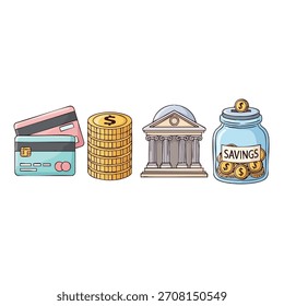 Two credit cards, a stack of coins, a bank building, and a savings jar are displayed in a row.