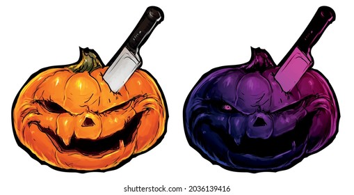 two creepy pumpkins with a knife in their head vector illustration halloween