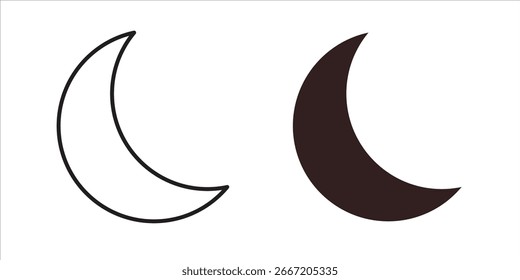 Dos iconos de luna creciente, un contorno y uno lleno, aislado en blanco. Diseño sencillo y minimalista.