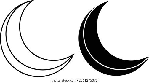 Two crescent moon icons are shown. One is a simple line drawing in white, the other is filled black. Both are stylized and crescent shaped.