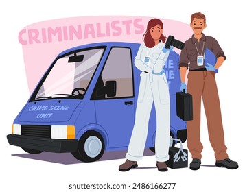 Two Criminalist Investigators Analyzing Evidence At Crime Scene. Characters Standing Beside A Vehicle Unit, Equipped With Tools And Equipment For Forensic Analysis. Cartoon People Vector Illustration