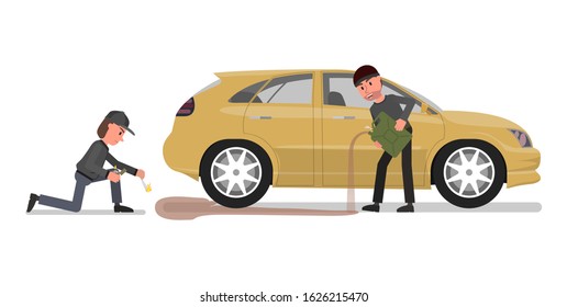 Two criminals set fire to the car, doused it with gasoline. Isolated on a white background.