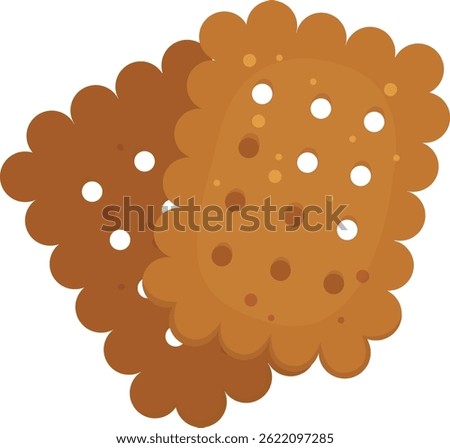 Two crispy cookies featuring scalloped edges and small holes, slightly overlapping, creating a delightful treat perfect for satisfying any dessert lover cravings