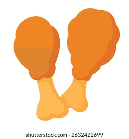 Two crispy fried chicken legs in cartoon style. Flat vector illustration of fast food snack.