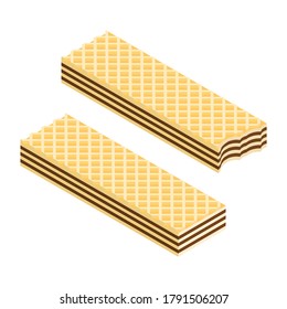 Two crispy wafer, chocolate cream flavor isometric view isolated on white background. Bitten wafer. Vector