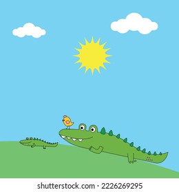 Two Crocodiles and a Bird Illustration