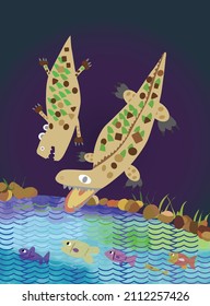 Two crocodiles drinking water by the river
