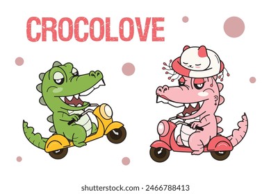 Two crocodiles in love, on a date riding a scooter