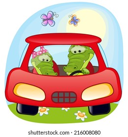 Two Crocodiles is sitting in a car 