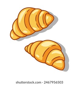 Dos croissants hornear hojaldre de color diseño plano sobre fondo blanco. Ilustración vectorial de productos de panadería para el cartel de la etiqueta y el menú de panadería.