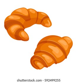 Dois croissants assar massa folhada design plano cor no fundo branco. Ilustração vetorial de produtos de padaria para etiqueta de cartaz e padaria menu.