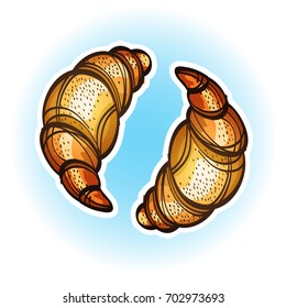 Two croissants bake puff pastry color flat design. Vector colored illustration of bakery goods on white background.