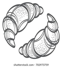 Two croissants bake puff pastry color flat design. Vector monochrome illustration of bakery goods on white background.