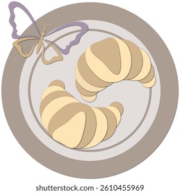 Two croissants and a butterfly on a plate. Vector illustration in pastel colors in paper cut style, top view.