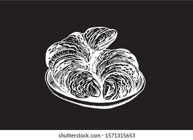 Two croissants isolated on black background, graphical engraved vector illustration