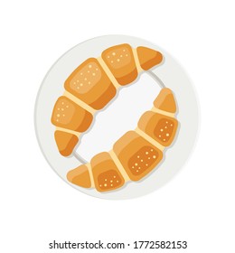 Two croissants on a plate. Vector illustration, flat style.