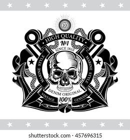Two cross anchor with ribbon pattern and skull front view without a lower jaw in center. Vintage label isolated on white