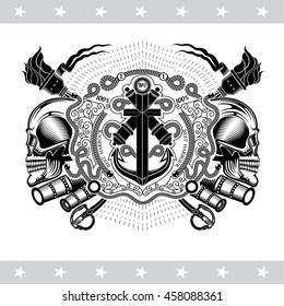 Two cross cannon with anchor, between skull profile and vintage weapons. Marine label isolated on white
