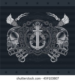 Two cross cannon with anchor, between skull profile and vintage weapons. Marine label isolated on blackboard