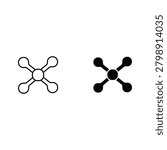 Two cross icons with circular center one in black and white the other in black the icons represen