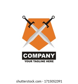 two cross sword behind the shield design logo - vector - illustration