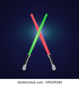 Two crossed action color shining light a sword of red and green color.Futuristic weapon laser sword of the future.Light Saber.Weapon of knights.