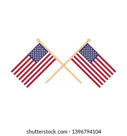 Two crossed American flags. USA, United States of America, US. Crossed flags isolated on white background. Vector illustration
