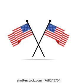 Two crossed american flags. Vector illustration. Cartoon american flags in flat design, isolated