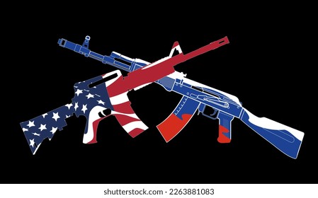 two crossed American M16 assault rifles and a Russian Kalashnikov assault rifle