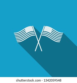 Two crossed American waving flags icon isolated with long shadow. National flag of USA. The United States of America flag. Independence day symbol. Vector Illustration