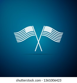 Two crossed American waving flags icon isolated on blue background. National flag of USA. The United States of America flag. Independence day symbol. Flat design. Vector Illustration