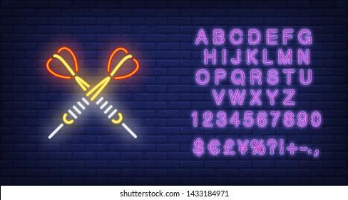 Two crossed arrow darts neon sign. Illustration of two darts on dark blue brick background. Can be used for topics entertainment, games, advertisement