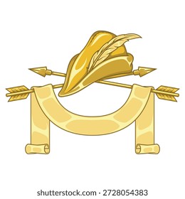 Two crossed arrows adorned with a decorative ribbon and a classic archer's hat on top. An ideal heraldic design to represent archery, archaism, medieval tournaments, and sporting success.