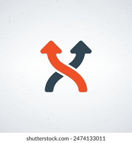 Two crossed arrows up, upward linear arrows. strategy direction. Stock vector illustration isolated on white background.