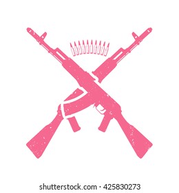 two crossed assault rifles, russian automatic guns and bullets, vector illustration