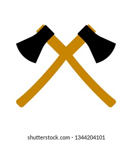 Two crossed ax, black with brown handle on white background, vector