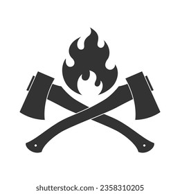 Two crossed axe and fire graphic icon. Symbol working tools lumberjack. Sign isolated on white background. Vector illustration