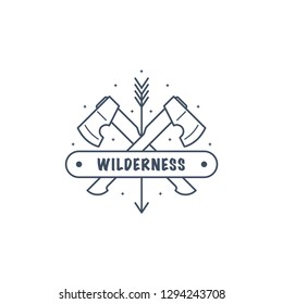 Two crossed axes. Bushcraft camp logo design. Wild forest survival. Line art flat style illustration.