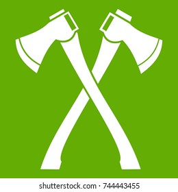 Two crossed axes icon white isolated on green background. Vector illustration