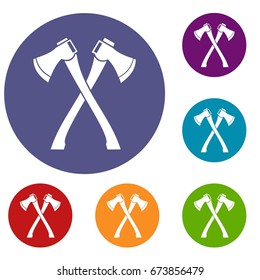 Two crossed axes icons set in flat circle reb, blue and green color for web
