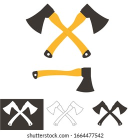 Two crossed axes isolated on white.Single, double and icon variations. Hatchet symbol. Flat style vector illustration.