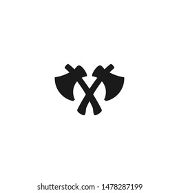 Two Crossed Axes Logo. Hatchet, Cutter Black Silhouette. Viking Tool.  Ancient, Medieval, Battle, Rustic Weapon. Vector Label Isolated On White