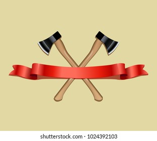 Two crossed axes and red ribbon isolated on beige background. Vector realistic emblem.