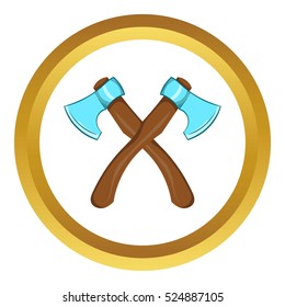 Two crossed axes vector icon in golden circle, cartoon style isolated on white background