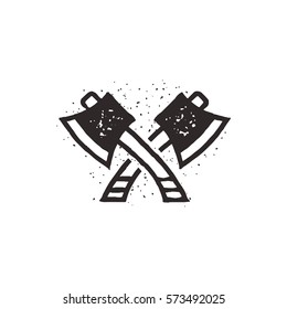 Two crossed axes vector illustration. Silhouette style. Textured lumberjack symbol. Simple design, letterpress effect. Isolated on white background..